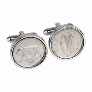 1994 Irish 5p coin cufflinks showing the bull and dated 1994 harp side